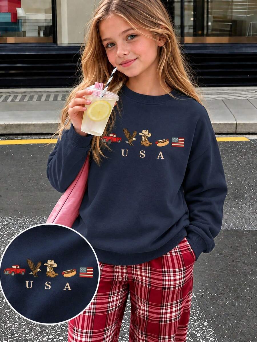 Sweatshirt Leher Bulat Kasual Vintage untuk Anak Perempuan Remaja, Motif Tema AS Biru Tua dengan Truk Pickup Vintage, Elang, Sepatu Bot Koboi, Hot Dog, dan Bendera Amerika, Atasan Pullover Lengan Panjang Longgar, Kasual Serbaguna Musim Gugur/Dingin, Gaya Jalanan Amerika, Pakaian Sehari-hari Anak Perempuan - Navy Blue - View 1