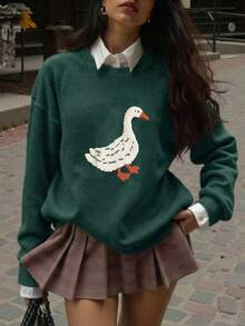 Women's Plus Size Sweater, Cute Goose Pattern, Loose Knit Pullover - Dark Forest Green - View 10