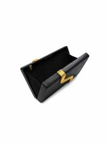 Women Evening Clutch Bag,Plain Satin Fabric,Wavy Gold Metal Hardware,Detachable Chain Strap,Elegant Luxury,Party Wedding Shoulder Handbag For Ladies - Black - View 10