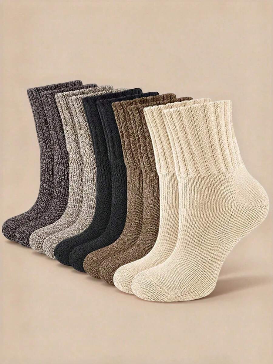 5 Pairs Women's Gray Floral Ribbed Mid-Calf Socks, Solid Gray Knit Socks, Thick Warm Casual Socks, Suitable For Autumn/Winter - Multicolor - View 1