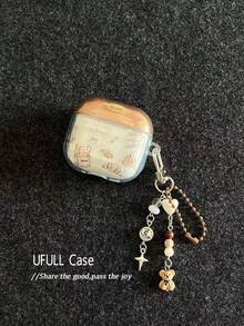 YINGHUA DR Retro Hand-Painted Bread Pattern Earphone Protective Case, Semi-Transparent Gradient Shell With Cute Croissant, Cookie And Other Baking Line Art, Paired With Bear Bead Pendant. Compatible With 1st, 2nd, 3rd, 4th Generation Wireless Bluetooth Earphones, Soft Shell Material Anti-Drop And Anti-Scratch, Convenient Hook For Carrying On Bags, Gentle Retro Korean Style, Lightweight And Slim Fit To Device, Combining Protection And Decoration, Full Of Atmosphere - Brown - View 4