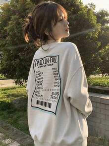 Creative Receipt Text Front & Back Print Crew Neck Sweatshirt Women Autumn Loose Drop Shoulder Casual Long Sleeve Top - Off-white - View 6