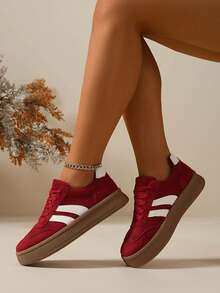 Women's Thick Sole Platform Lace-Up Low-Top Sneakers, Retro Style Casual Everyday Commute Versatile Shoes - Red - View 5