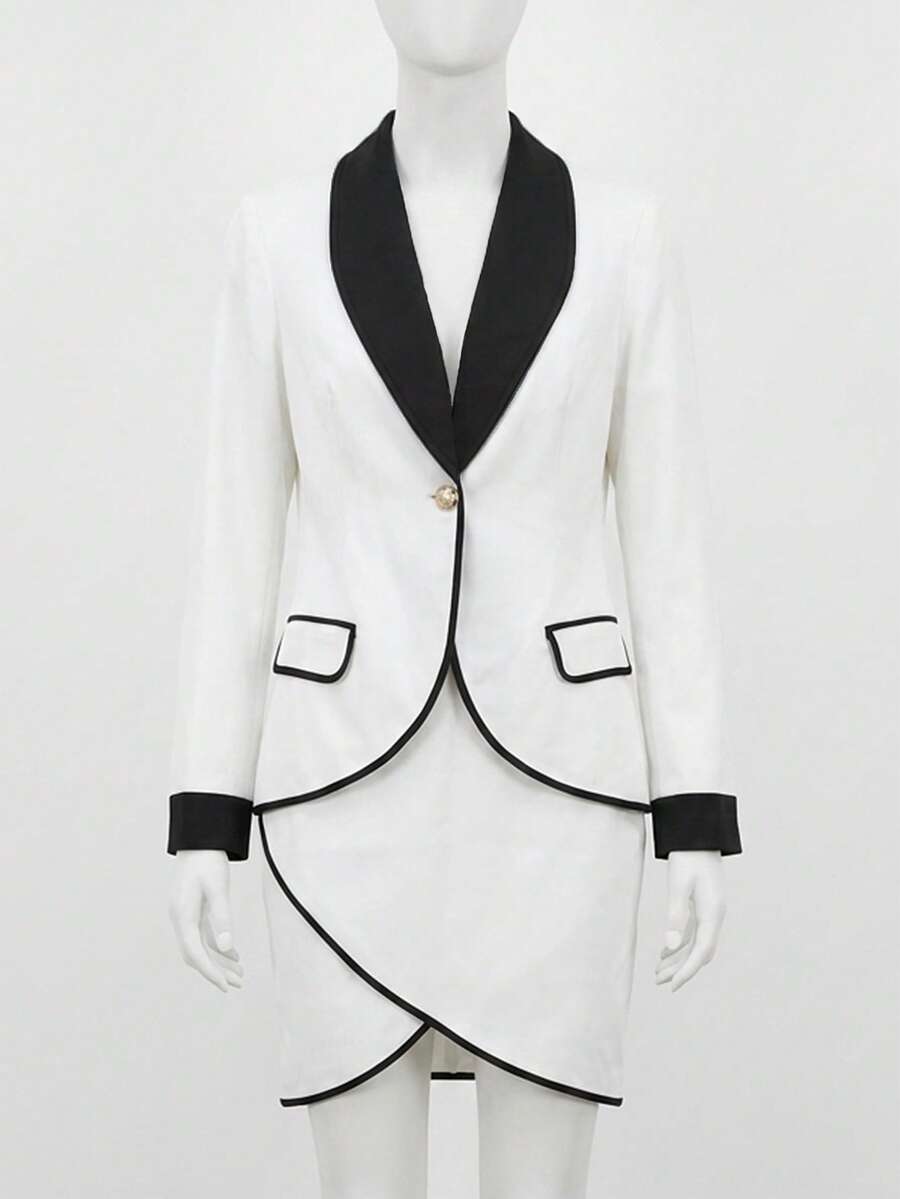 ShengNaNA Autumn/Winter Women's Work Suit, Elegant Single-Button Blazer Paired With Asymmetrical Wrap Skirt, 2 Pieces Set, Showcasing Professional Business Office Style - White - View 1