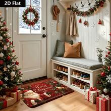 1pc Santa Claus Merry Christmas Doormat, Felt Non Slip Welcome Floor Rug, Holly Bell Snowflake Pattern Entry Mat, Washable Indoor Outdoor Front Door Mat For Christmas Home Decor - E - View 1