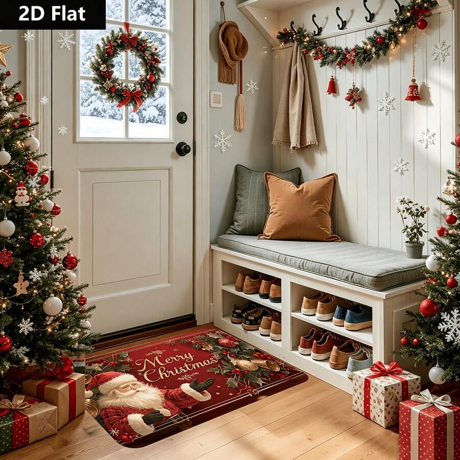1pc Santa Claus Merry Christmas Doormat, Felt Non Slip Welcome Floor Rug, Holly Bell Snowflake Pattern Entry Mat, Washable Indoor Outdoor Front Door Mat For Christmas Home Decor - E - View 1