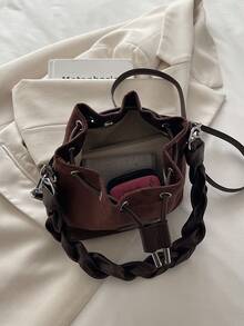 Women's Drawstring Bucket Crossbody Bag, Suede & PU Material, Braided Shoulder Strap, Adjustable Strap, Flexible Storage, Autumn/Winter Daily Outing Women's Bag - Coffee Brown - View 8
