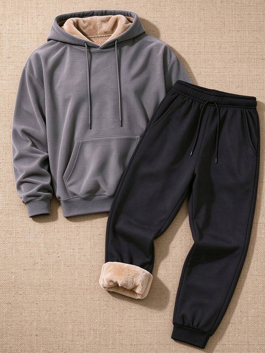 Men's Thermal Lined Corduroy Sweatshirt & Lambswool Lined Thick Cuffed Pants 2 Pieces Set, Autumn/Winter - Multicolor - View 1