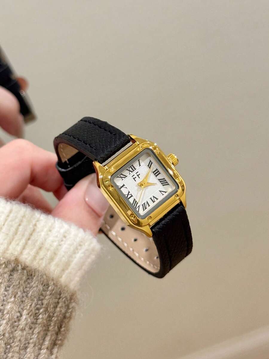 1件女款圓方石英手錶 金色錶殼 白色錶盤 羅馬數字 鑲鑽裝飾 黑色錶帶 優雅風格 適合辦公與通勤 - 黑色 - 查看 1