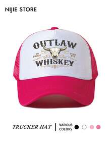 قبعة شاحنة شبكية بأسلوب غربي أمريكي OUTLAW WHISKEY طباعة جمجمة الثور عتيقة رقعة قبعة بيسبول للجنسين - A - مشاهدة 4
