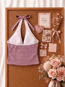 New Summer Sweet Cute Pink & Black Striped Halter Neck Two-Piece Bikini Set, Beach Vacation Casual Style - Multicolor - View 4