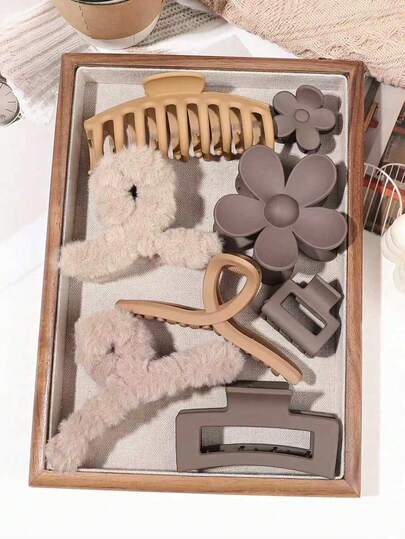 8pcs/Set Minimalist Brown Tone Hair Clips, Hair Flowers, Suitable For Daily Wear, Autumn/Winter Hair Claws Hair Jaw Hair Clamps Hair Clutch Hair Claw, Autumn, School Stuff, College Fall Hair Accessories For Women For Vacation Outfits Woman Summer