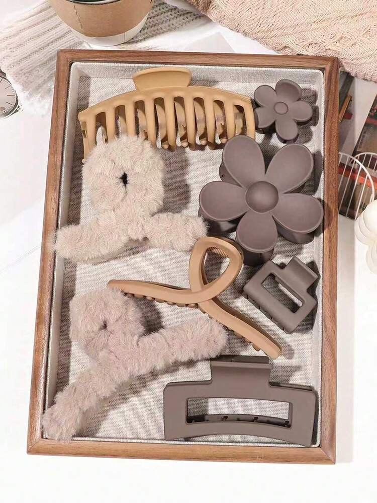 8pcs/Set Minimalist Brown Tone Hair Clips, Hair Flowers, Suitable For Daily Wear, Autumn/Winter Hair Claws Hair Jaw Hair Clamps Hair Clutch Hair Claw, Autumn, School Stuff, College Fall Hair Accessories For Women For Vacation Outfits Woman Summer - Multicolor - View 1