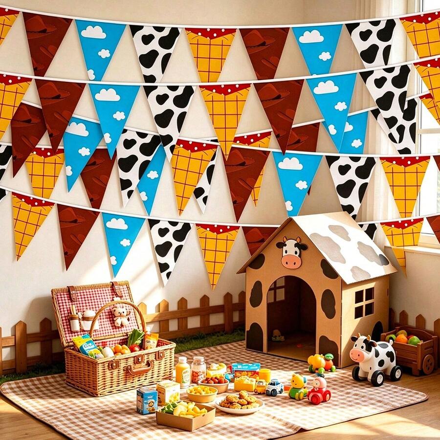 60pcs Cow Print Cowboy Hat Cloud Shaped Triangle Flags And Paper Banners, Western Cowboy Theme Decoration Flags Garland - View 1