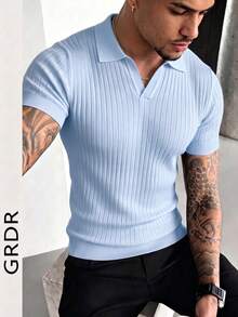 GRDR Men's Summer Knit Polo Shirt, Solid Color Short Sleeve Knit Collar, Suitable For Summer Outings, Essential For Fashionable Outfit - Baby Blue - View 3