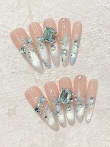 Y2K Style 10pcs Handmade Nails Slender Stiletto Nails Silver Cat Eye, Blue Glitter, Bow Rhinestone Design, Frosted Look, Brightening, Elegant, Perfect For Dates, Parties, Everyday, Fall/Winter Nail Art Acrylic Handmade Press-On Nail Set - Mint Blue - View 2
