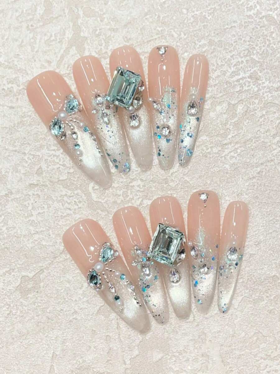 Y2K Style 10pcs Handmade Nails Slender Stiletto Nails Silver Cat Eye, Blue Glitter, Bow Rhinestone Design, Frosted Look, Brightening, Elegant, Perfect For Dates, Parties, Everyday, Fall/Winter Nail Art Acrylic Handmade Press-On Nail Set