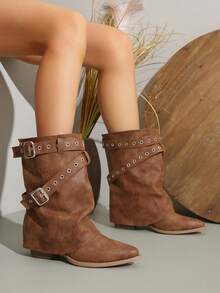 Caramel Brown & Black Patchwork Slouch Ankle Boots For Women, Suede & Matte Pointed Toe Chunky Heel, Vintage Versatile Ankle Boots - Brown - View 5