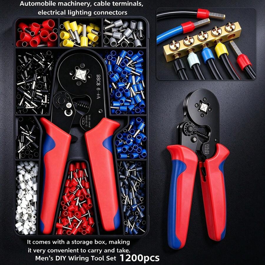 1200Pcs Electrical Connector Kits With Adjustable Crimping Tool, Pre-Insulated Cold Crimp Electrical Terminals, Multi-Size Cable Terminals, Men's Tool Set, LED Lighting Connectors, For Auto Machinery & Auto Accessories, Cable Connectors
