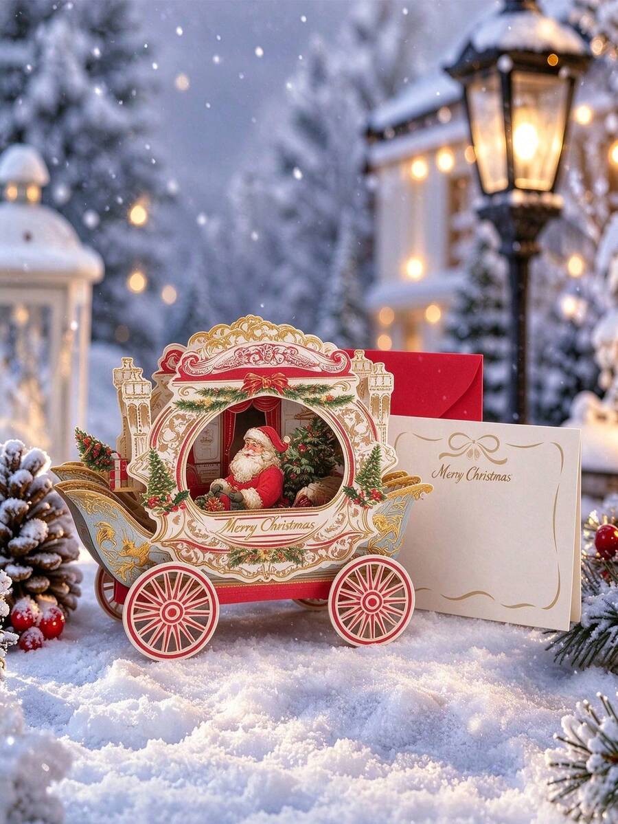 3pcs/Set 3D Christmas Pop-Up Greeting Cards, Creative Holiday Paper Cards With Elegant Carriage Design, Suitable For Holiday Party, Christmas Gift, Holiday Party, Christmas Celebration, Surprise Message Card Decoration