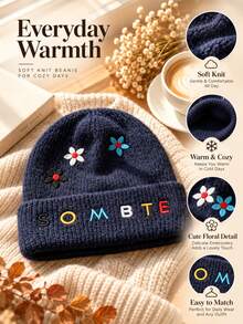 1pc Women's Floral Embroidered Knit Hat, Colorful Letter Embroidery Soft Warm Elastic Rolled Edge Winter Beanie, Universal Size Fits Most, Suitable For Daily Wear In Autumn And Winter - Embroidered Style - View 6