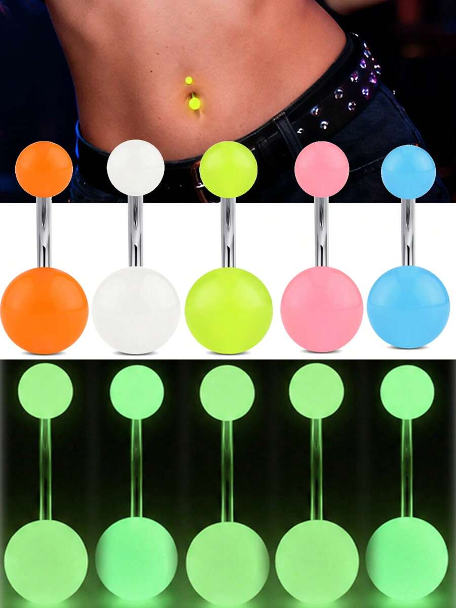 5Pcs Glow-In-The-Dark Belly Button Ring-Pink White Blue Emits A Firefly-Like Glow In The Dark For Back To School Halloween Gift Daily Party Wear - Multicolor - View 1