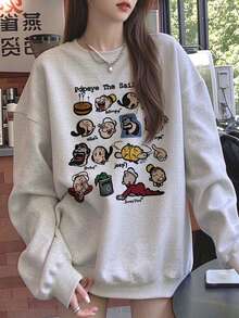 American Retro Cartoon Character Print Sweatshirt, Youthful Fun Loose Oversize Base Layer Top, Spring/Autumn - Off-white - View 5