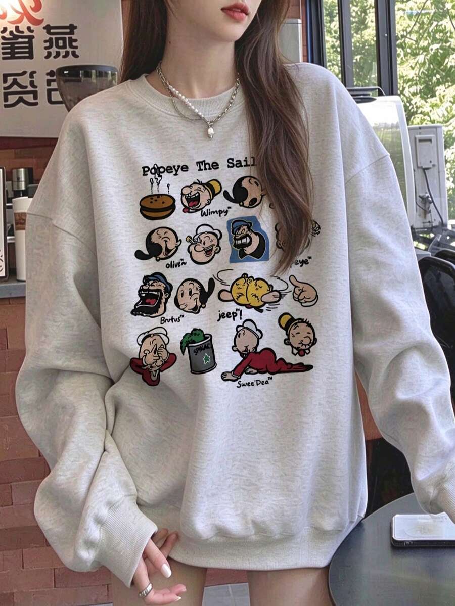 Áo nỉ in hình nhân vật hoạt hình phong cách retro Mỹ, áo lớp cơ bản dáng rộng oversize trẻ trung vui nhộn, mùa xuân/thu - Xám trắng - Xem 1