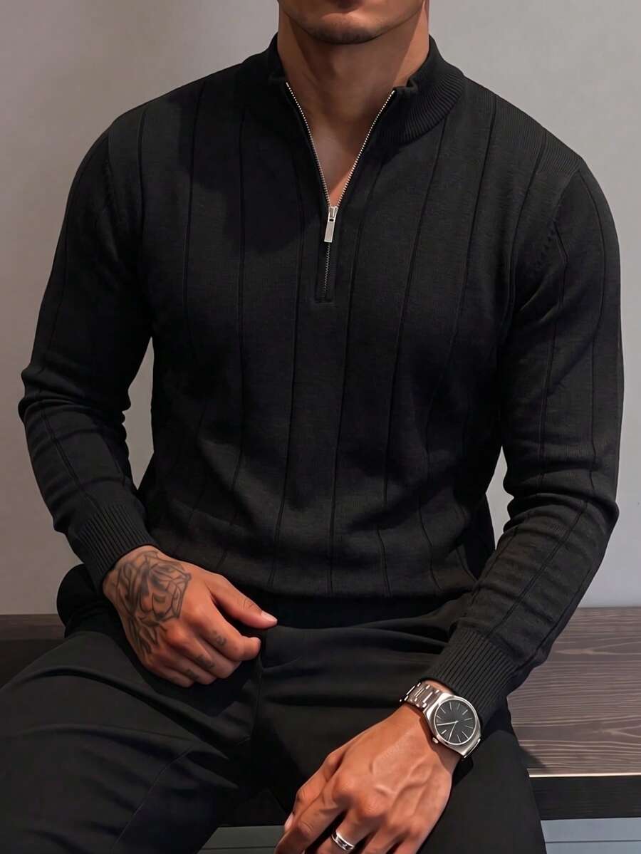 Men's Classic Ribbed Zip-Up Polo Collar Long Sleeve Sweater, Autumn/Winter Wardrobe Essential Knit Top