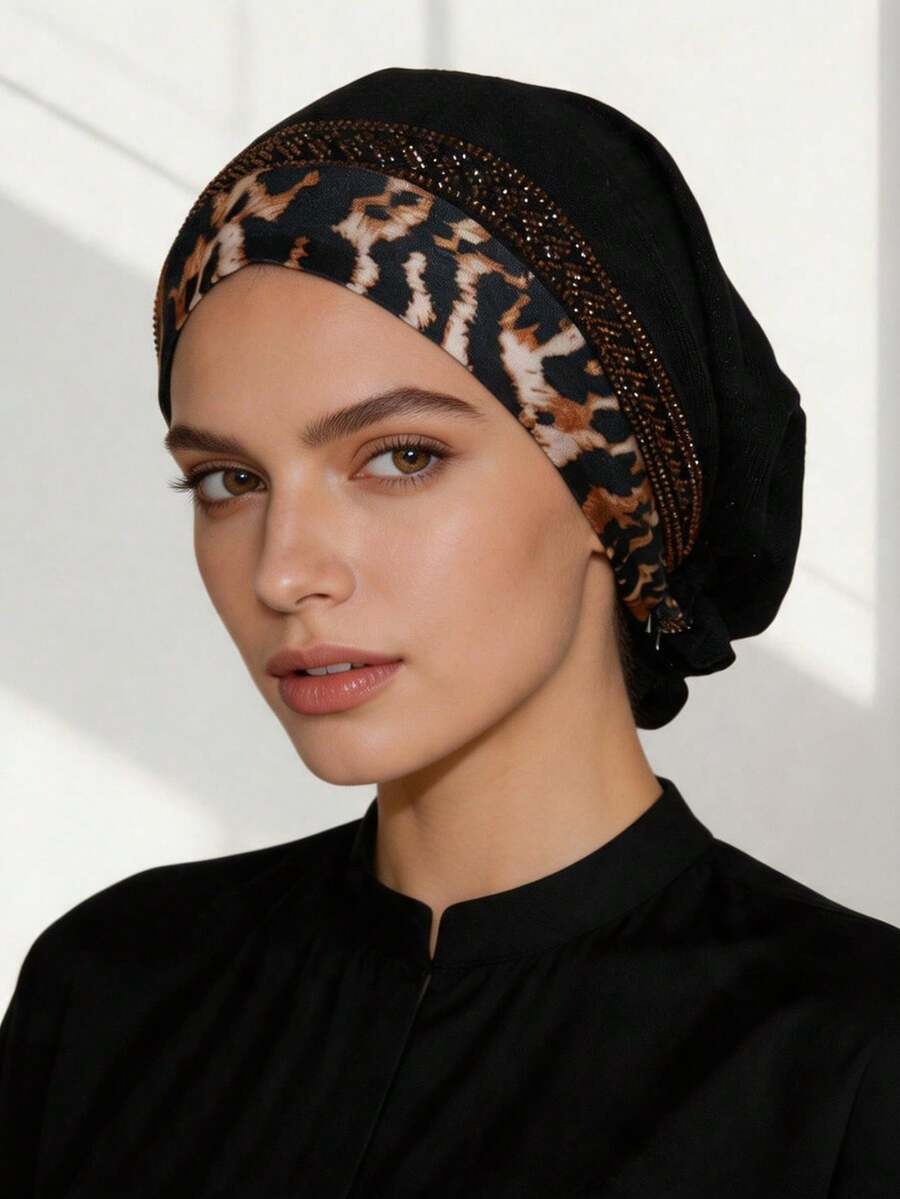 1pc Women's Autumn/Winter Elastic Knit Fabric Leopard Print Trim Soft Feel Headscarf With Exquisite Rhinestone Embellishment, Premium Fashion Daily Base Hat Headscarf - Leopard Print Headband Multi-color - View 1