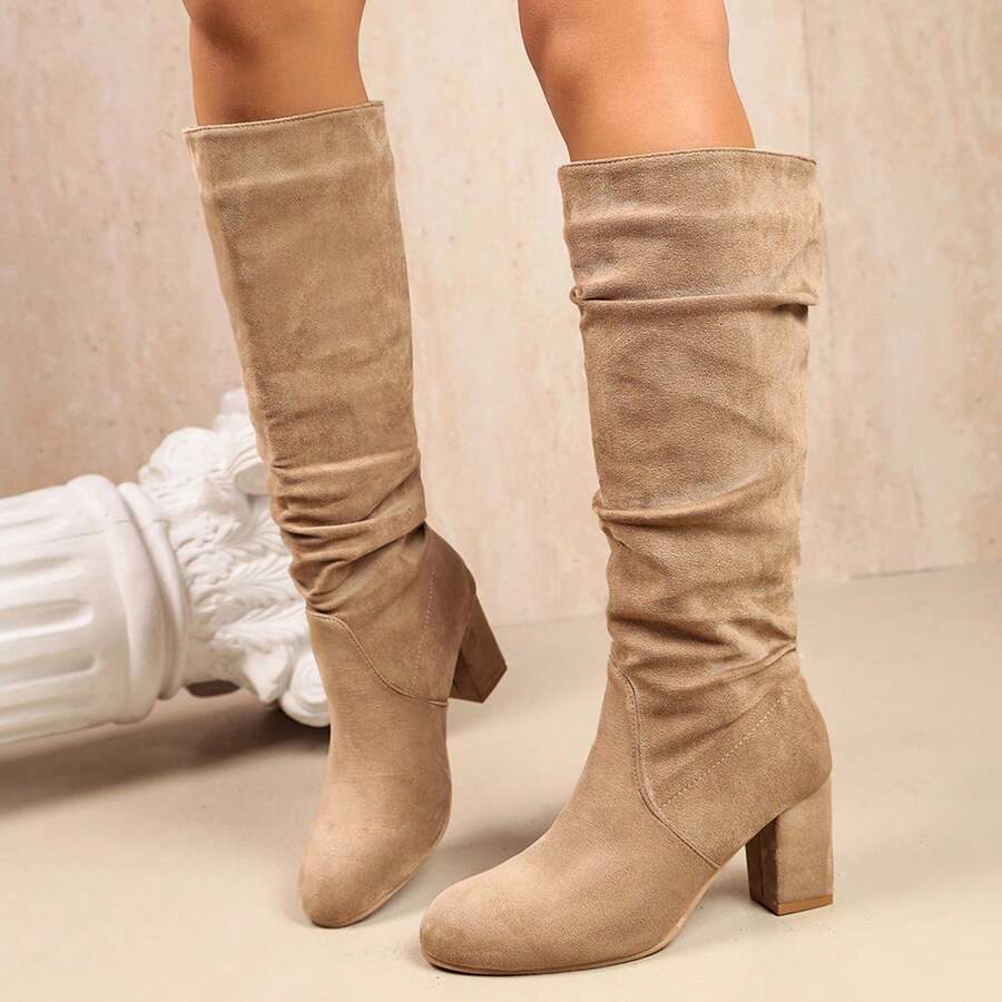 French Style High Heel Ruched Stacked Boots Vintage Chunky Heel Wide ...
