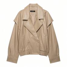 DEEKA Autumn/Winter New Women's European And American Style Fashion Minimalist Versatile Leather-Effect Aviator Jacket - Khaki - View 3