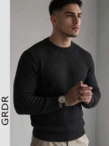 GRDR Men's Autumn/Winter Crew Neck Ribbed Sweater, Essential For Autumn/Winter, Suitable For Daily Wear - Black - View 4
