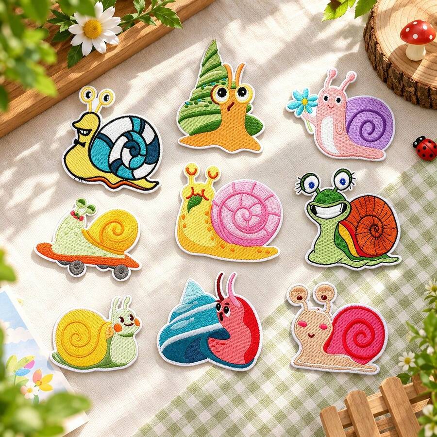 9pcs Cartoon Snail Embroidered Iron-On Patches, Asymmetrical Cartoon Animal Shapes, Iron-On Or Hand-Sewn Back, Cute Mori Style, Suitable For Clothes, Backpacks, Hats DIY Decoration, Clothing Hole Repair, Applicable For Daily Wear, Handmade Modification, All Seasons - A - View 1