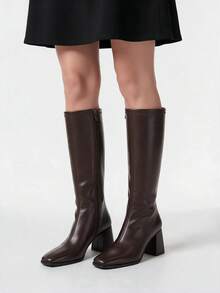 Women's Coffee Brown Square Toe Knee-High Side Zipper Leather Boots - Coffee Brown - View 5
