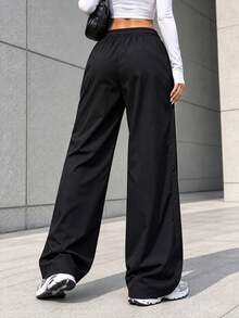 Women's Black Wide Leg Loose Autumn Pants, Lightweight & Breathable, Elastic Drawstring Waist, Zipper Pockets, Open Hem - Black - View 8