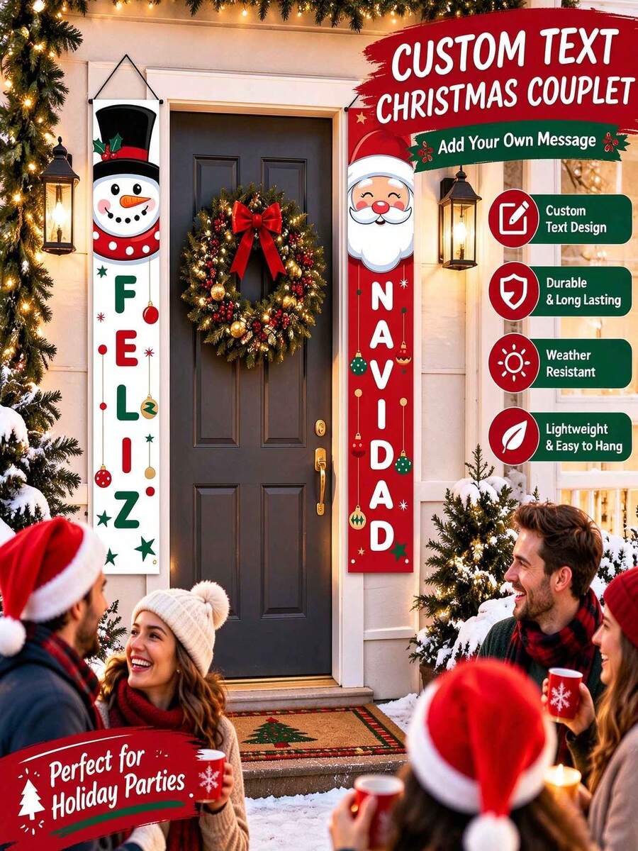 Customized Christmas Couplets, Customizable Text Vertical Christmas Door Couplets, Customizable Christmas Hanging Couplets, Suitable For Porch, Home, Holiday Party Decoration, Christmas Special Edition! - Multicolor - View 1