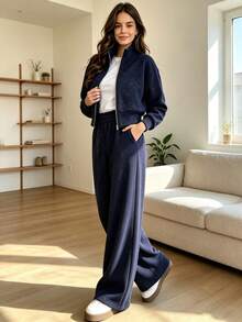 Women's Navy Blue Glitter Zip Up Stand Collar Jacket & High Waist Wide Leg Pants 2pcs Set, Casual Loungewear For Fall/Winter Concert Outfit - Navy - View 1