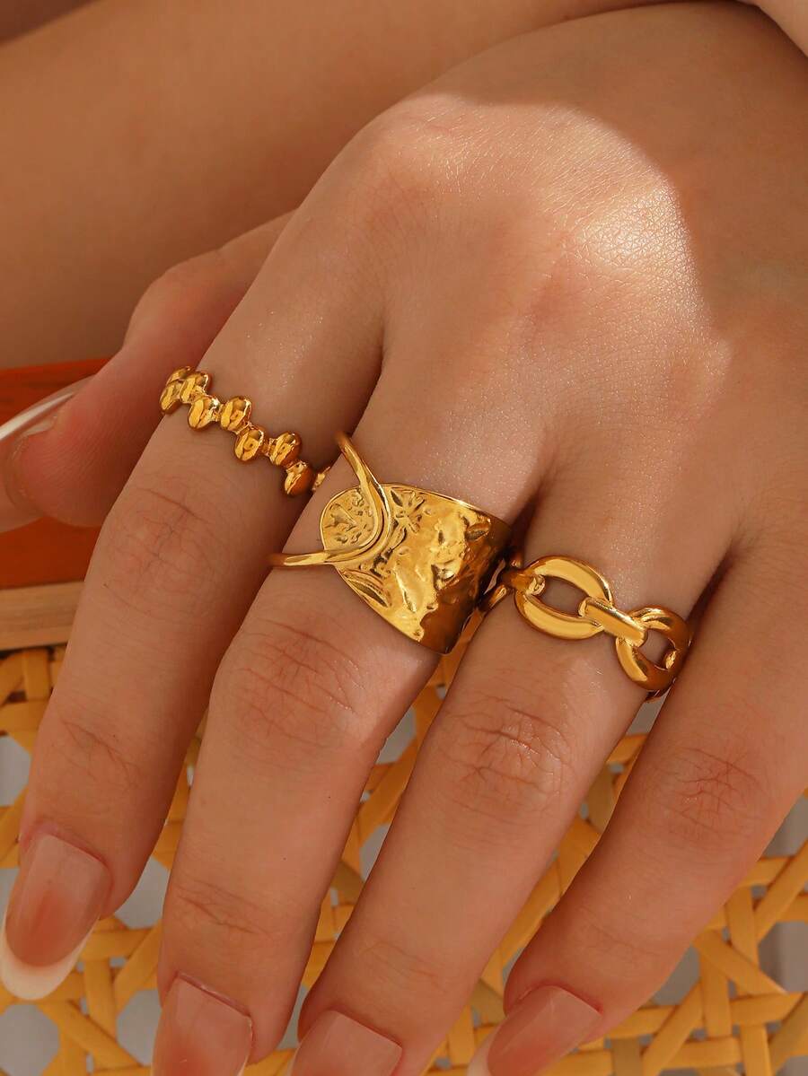 3pcs/Set Stainless Steel 18K Gold Plated Geometric Oval Ring Set, Suitable For Women's Daily Wear And Shopping - Multicolor - View 1