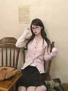 Sweet Pink Cable Knit Cardigan Jacket, Casual Lazy Round Neck Sweater Top For Autumn/Winter - Pink - View 5