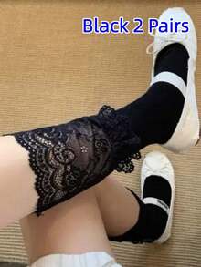 1/2/4 Pasang Kaos Kaki Wanita Warna Polos Setinggi Betis - Hitam - View 14