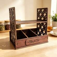 Wooden Tea Bag Storage Rack With Cup Holder, Countertop Coffee Bar Organizer, Divided Desktop Storage Box For Tea Bags, Cups, Coffee Pods And Small Accessories - Multicolor - View 7
