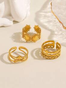 3pcs Stainless Steel 18K Gold Plated Sun Ring Set Suitable For Women's Daily Wear And Gatherings - Multicolor - View 3