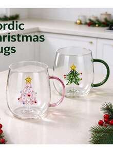 Nordic 3D Christmas Tree Handle Glass Mug, Couple Christmas Cup For Home Party Decoration - Multicolor - View 9