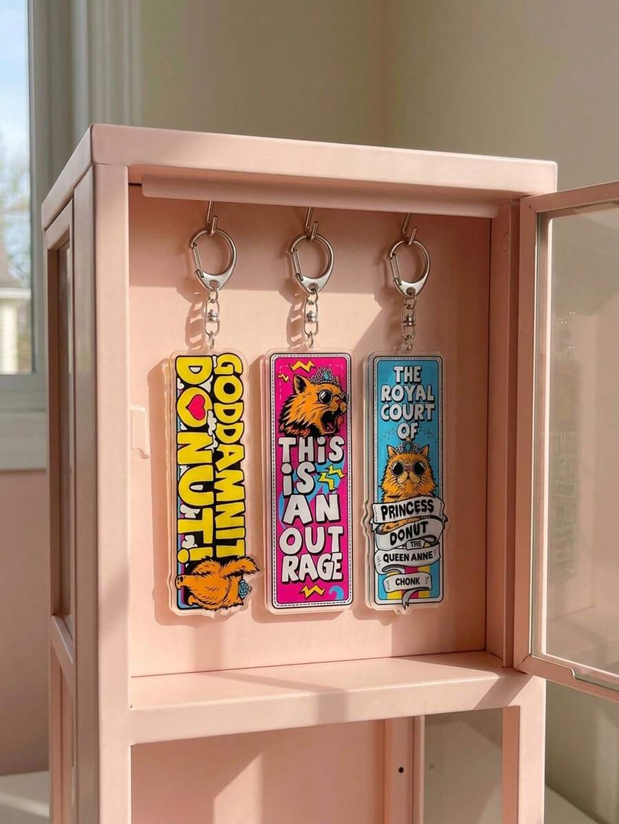 1PC/3pcs Donut Fat Cat Acrylic Keychain, Vintage Cartoon Style Long Key Ring, Funny Cat Quote Bag Charm, Gift For Cat Lovers - Multicolor - View 1