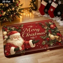 1pc Santa Claus Merry Christmas Doormat, Felt Non Slip Welcome Floor Rug, Holly Bell Snowflake Pattern Entry Mat, Washable Indoor Outdoor Front Door Mat For Christmas Home Decor - E - View 2