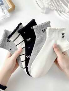 5 Pairs Bowknot And Polka Dot/Striped Pattern Short Socks/Mid-Calf Socks - Breathable No-Show Socks Suitable For Daily Wear, White And Black - Multicolor - View 3
