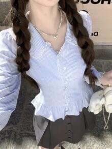 Lace Trim Peter Pan Collar Long Sleeve Blouse, Autumn Striped Fresh Sweet Slim Fit Women's Button-Up Top - Blue and White - View 2