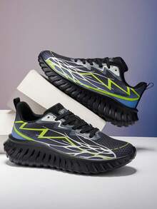 Men's Luxury Tech Mecha Running Shoes, Contrast Color Fluorescent Line Design, Large Tooth Anti-Slip Thick Sole, Mesh Breathable Casual Chunky Sneakers - Black - View 3