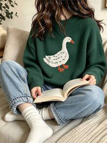 Women's Plus Size Sweater, Cute Goose Pattern, Loose Knit Pullover - Dark Forest Green - View 7